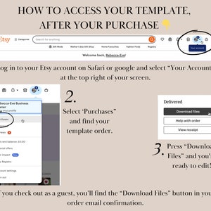 May include: A step-by-step guide on how to access a template after purchase on Etsy. The image shows screenshots of the Etsy website, highlighting the 'Your Account' and 'Purchases' sections, and the 'Download Files' button.
