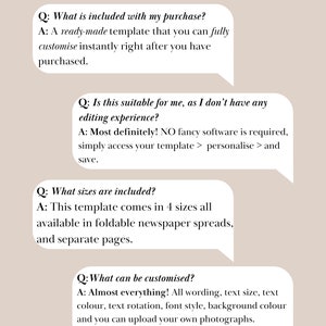 May include: A beige graphic with the text "FAQ's" at the top. The image contains four speech bubbles with questions and answers about a ready-made template, including customization options and available sizes. The Etsy shop name and template type are at the bottom.