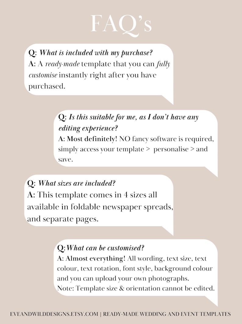May include: A beige graphic with the text "FAQ's" at the top. The image contains four speech bubbles with questions and answers about a ready-made template, including customization options and available sizes. The Etsy shop name and template type are at the bottom.
