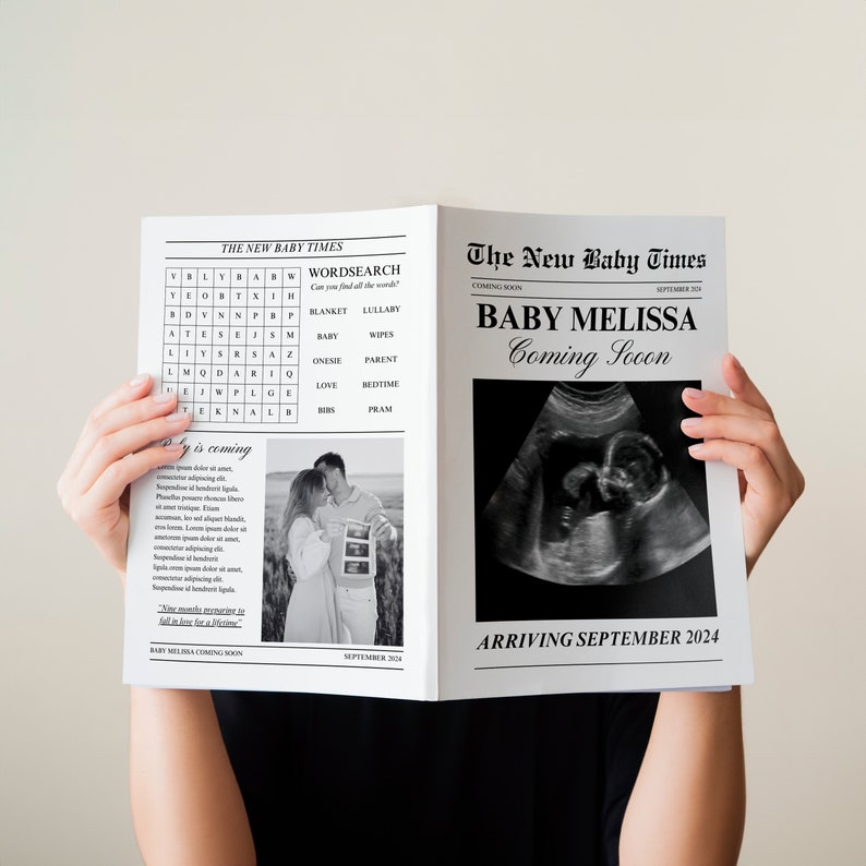 May include: A black and white newspaper announcement with the headline "The New Baby Times" and the text "Baby Melissa Coming Soon" with an ultrasound image of a baby. The announcement also includes a word search puzzle and a photo of a couple.