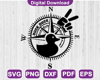 May include: Black and white compass design featuring a duck and the word "Duck" in a circle around the compass. The compass points north, south, east, and west.