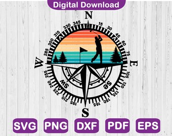 Golfer Compass Design, Golf Svg, Golfing Shirt Design, Golf Silhouette Design, Golf Club Design Svg File For Cricut, Png, Dxf, Pdf, Eps