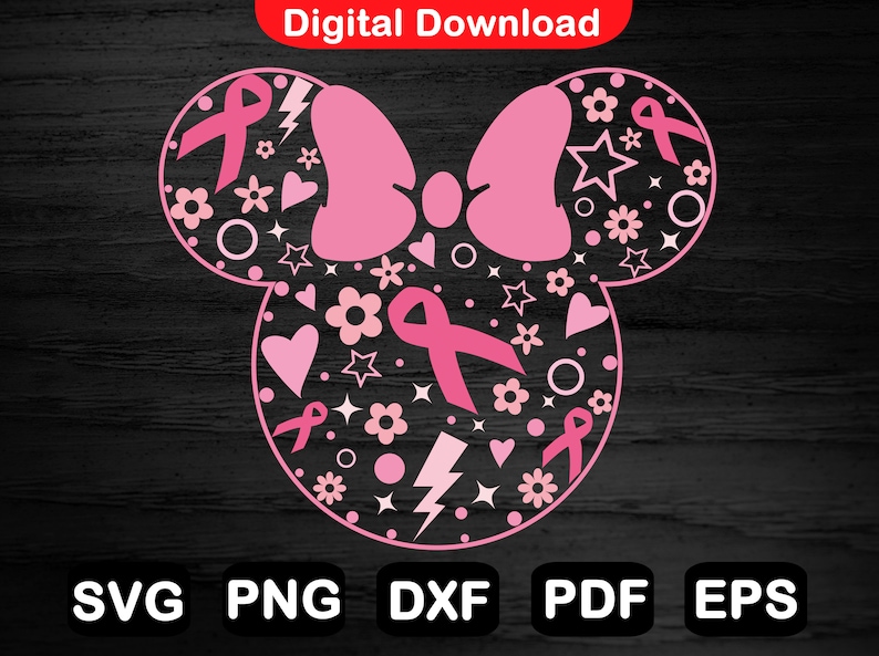 May include: Pink and white silhouette of Mickey Mouse ears with a pink bow in the center. The ears are filled with pink and white hearts, stars, flowers, and ribbons.