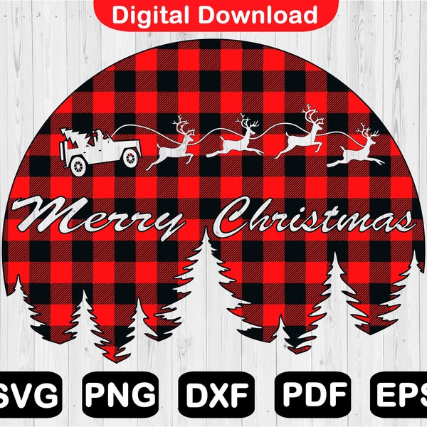 Buffalo Plaid Santa Off Road Svg, Christmas Off Road Sleigh, Red Plaid 4x4 Car Sleigh Svg File For Cricut, Clipart, Png, Svg, Dxf, Eps