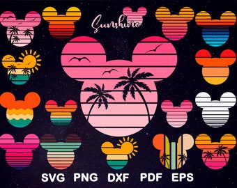 Mickey & Minnie Mause Sunset Svg Bundle, Beach Shirt Svg, Summer T-Shirt Svg, Svg Files For Cricut, Clipart, Cut File, Png, Pdf, Dxf, Eps