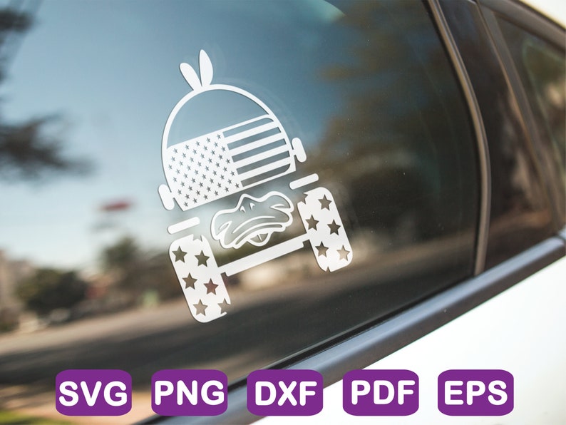 May include: A white silhouette of a jeep with an American flag on the bonnet and stars on the tyres. The jeep is on a car window.