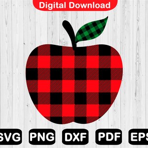 Buffalo Plaid Apple Svg, Red Plaid Apple Svg, Design de camisa de professor de Natal, Arquivo Svg de professor de Natal para Cricut, Png, Svg, Pdf, Dxf, Eps