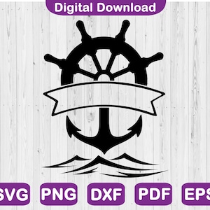 Puede incluir: Silueta en blanco y negro de un timón de barco con un ancla y olas debajo. Una pancarta en blanco está envuelta alrededor del timón.