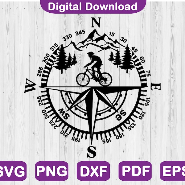 Mountain Bike Compass Design Svg, Biker Shirt Svg, Biker Decal Svg, Man Mountain Biker Svg, MTB Svg File For Cricut , Png, Dxf, Pdf, Eps