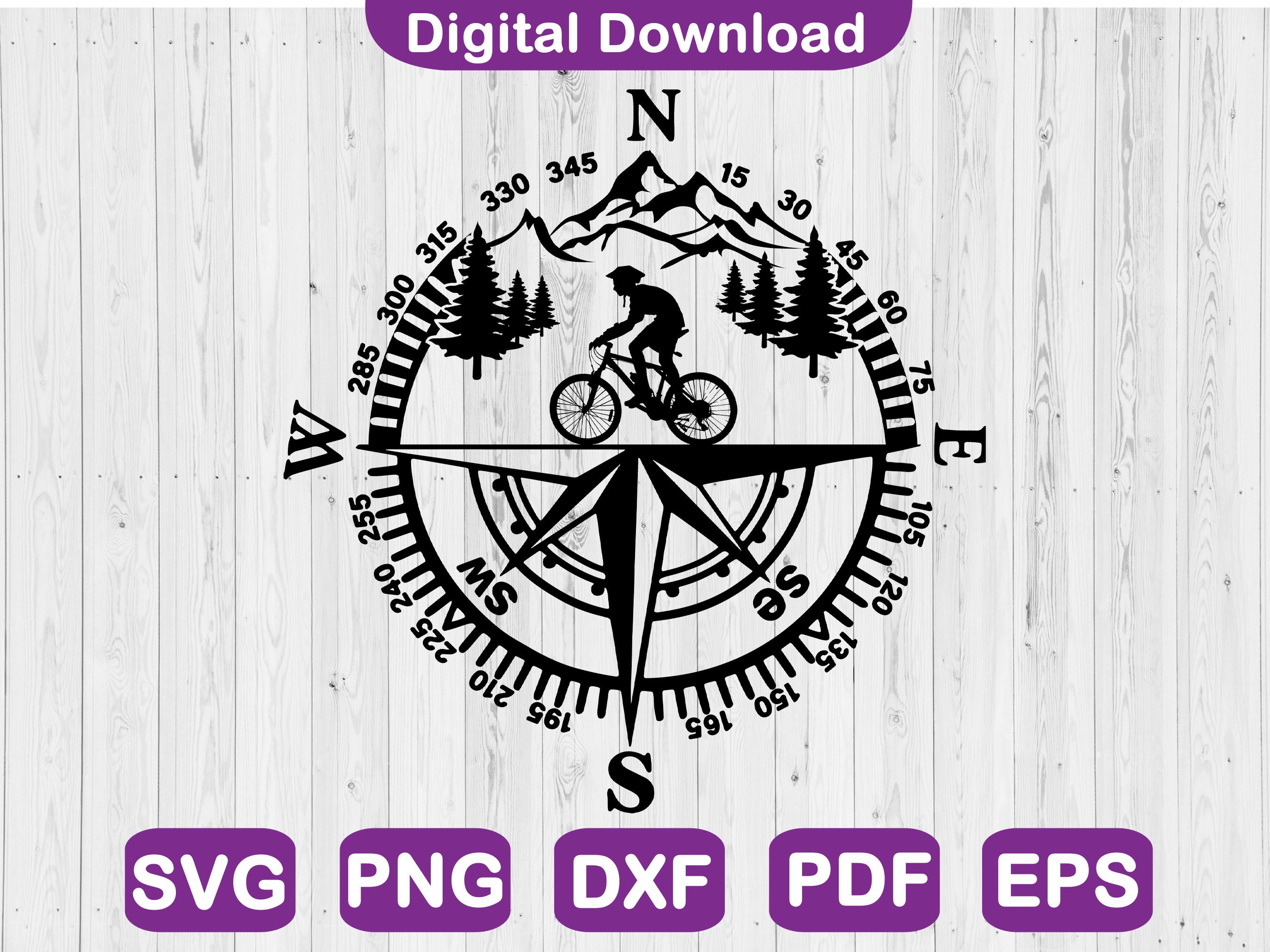 Mountain Bike Compass SVG File, Biker Vector Image, Cut Files For Cricut, Mtb Clipart, Mountain Biking Clipart, Adventure SVG, Mountain SVG