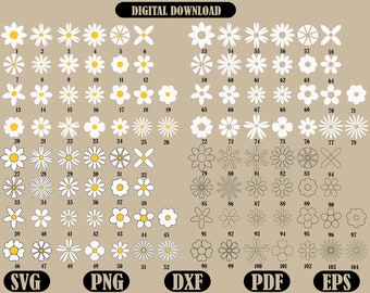 May include: A set of 104 daisy flower designs in white and black. The designs are numbered 1 through 104. The designs are in a grid format. The text "SVG, PNG, DXF, PDF, EPS" is at the bottom of the image.