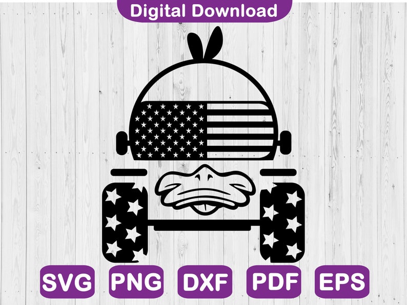 May include: Black and white silhouette of a cartoon duck wearing a hat with an American flag design. The duck is driving a jeep with stars on the tyres.