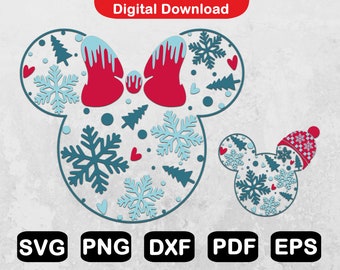 Winter Mouse Head Svg, Winter Shirt Svg, Snowflake Mouse Head Design, Winter Kids Svg Files, Clipart, Cut Files, Png, Svg, Pdf, Dxf, Eps