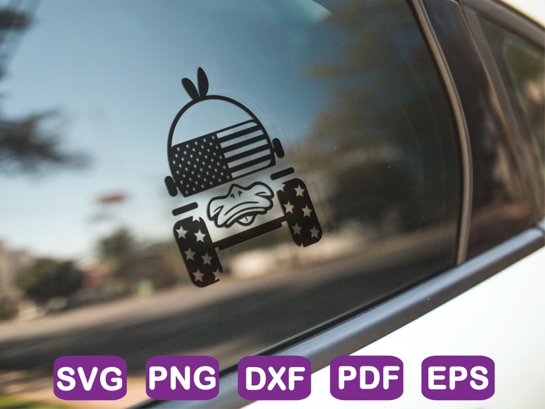 May include: Black and white silhouette of a jeep with an American flag on the bonnet and stars on the tyres. The jeep is on a white car window.