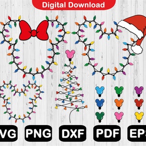 Mickey and Minnie Christmas Svg, Christmas Svg Bundle, Mouse Head Christmas Lights Svg, Christmas Png, Svg Files, Clipart, Png, Svg, Eps