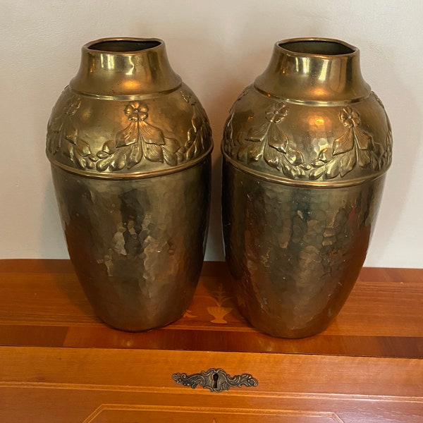 Antique German Art nouveau WMF Hammered Copper Vases