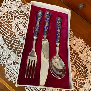 Vintage enamel cutlery set CLOISONNÉ: Knife fork spoon