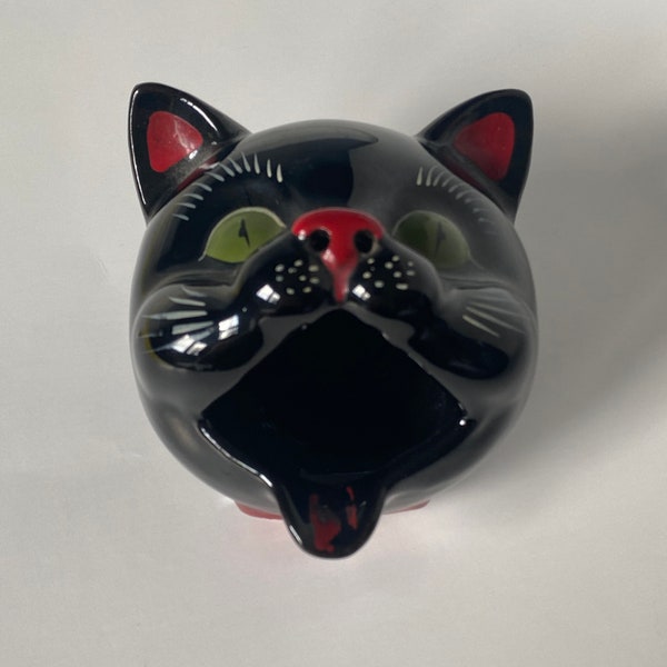 Vintage 1950s Shafford Redware Black Cat Ashtray Halloween Decor