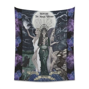 Hecate Printed Wall Tapestry, original art, witch decor, pagan, mythology, maiden mother crone,triple goddess,divine feminine