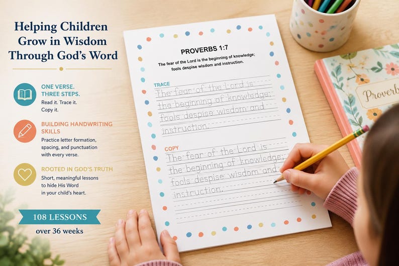 May include: A white educational worksheet with a colorful polka dot border featuring the text Proverbs 1:7. The page includes sections for tracing and copying the verse, with lines for handwriting practice. The text reads, The fear of the Lord is the beginning of knowledge; fools despise wisdom and instruction.