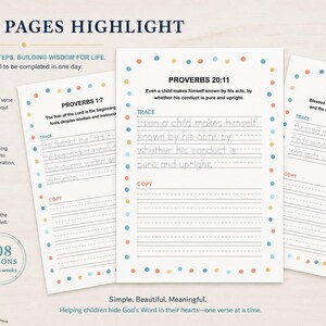 May include: Three white educational work pages featuring colorful polka dot borders. Each page includes a Bible verse, a section to trace the text with dotted lines, and a section with blank lines to copy the verse independently for daily practice.