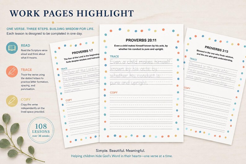 May include: Three white educational work pages featuring colorful polka dot borders. Each page includes a Bible verse, a section to trace the text with dotted lines, and a section with blank lines to copy the verse independently for daily practice.