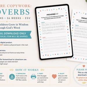 May include: A digital download set of scripture copywork lessons featuring Proverbs 1:7 and 20:11. The pages include dotted lines for tracing and blank lines for copying text, decorated with a colorful polka dot border on a white background.