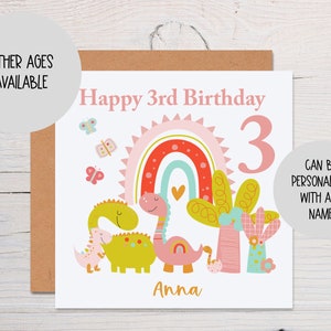 1st 2nd 3rd 4th 5th 6th Birthday Card Dinosaur - Dinosaur birthday Card - Girls Dinosaur Card - Girl Dinosaur Card - Pink Dinosaur Card