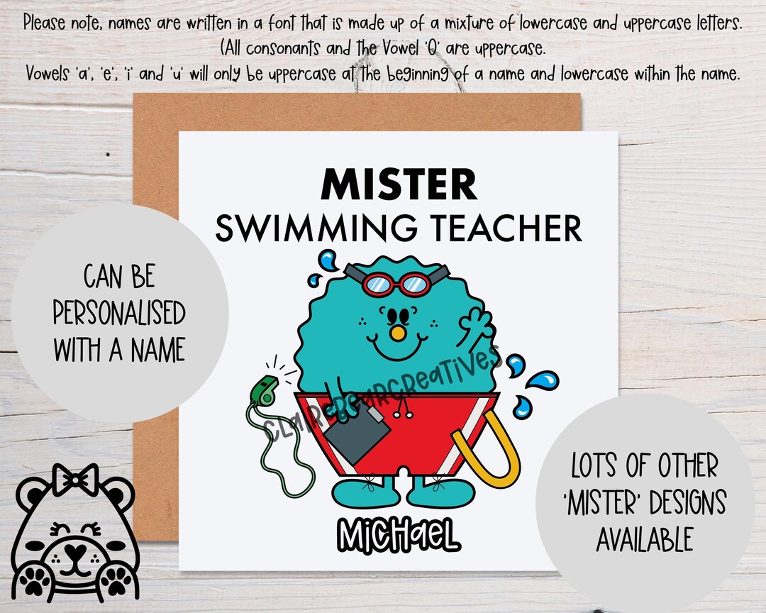Mister Swimming Teacher Card Card for Male Swimming Teacher Thank You ...