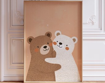 Children's Art Nursery, Bear Print Kids Wall Art Scandinavian, Baby Room Decor Girl & Boy, Animal Prints Eclectic Nursery Digital Art