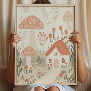 Impresión de cuento de hadas caprichosa para la habitación de los niños, arte infantil en tonos neutros, arte de pared infantil bohemio con hongos escandinavo, decoración ecléctica para la habitación del bebé