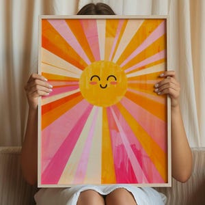 Happy Sun Print, Vibrant Soleil Poster, Children&#39;s Art, Boho Kids Wall Art Scandinavian, Baby Room Decor, Whimsical Rainbow Print Nursery