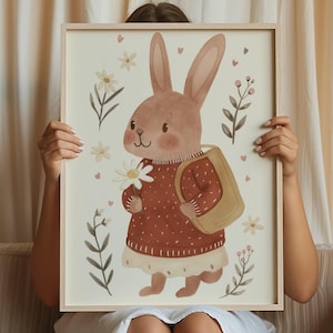 Estampa de coelho, arte infantil para berçário, arte de parede infantil escandinava, decoração de quarto de bebê menina e menino, estampas de animais, arte digital eclética para berçário