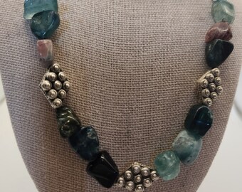 Watermelon tourmaline large nuggets with antique silver spacers on a silver chain without clasp