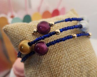 Stainless steel memory coil bracelet cobalt glass and neon statement beads