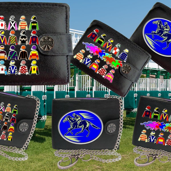 Horse Racing Wallet Genuine Leather Jockey Colours Galloping Horse Bookies Flat Race Wallet Gift For Him RFID Gift Tin For Him Mans Gift