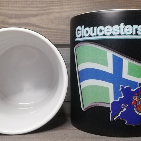 Gloucestershire Flag Gloucester Map and Coat of Arms COA Klassek Mug Coffee Tea 10oz Black Satin Gloucs
