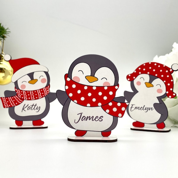 Personalized Wooden Penguin, Penguin Christmas Gifts, Family Names, Place Names Setting Table Decorations, Xmas Decorations, UV Print