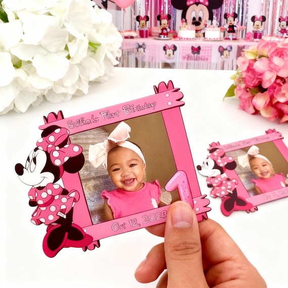 Personalized Wooden First Birthday Minnie Mouse Photo Magnet Favor Gift, Custom UV Printed Design