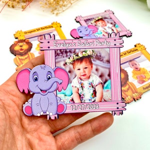 Safari First Birthday Magnet, Elephant Birthday Party Magnets, Jungle Animals Party Favors for Baby, Baby Souvenir, Wooden Photo Favors