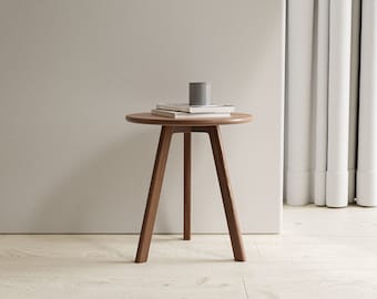 Walnut Side Table: Round Scandinavian End Table, Solid Wood