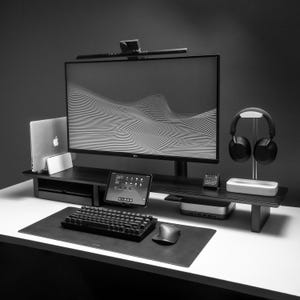 Walnut Monitor Stand Desk Cockpit Setup Desk Shelf Riser Dual Screen System Wooden Premium 15-Ply Walnut Grovemade Alternative