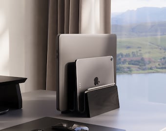 Black Walnut Wood Vertical Laptop Stand: MacBook, Tablet Dock