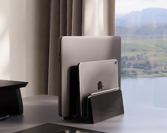 Black Walnut Wood Vertical Laptop Stand: MacBook, iPad Dock