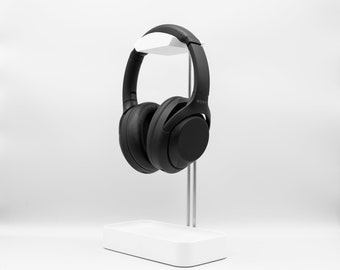 Black Walnut Headphone Stand with Brass Rods & Storage Tray