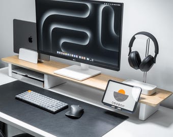 Oak and White Monitor Stand: Large Desk Organizer with Storage Space