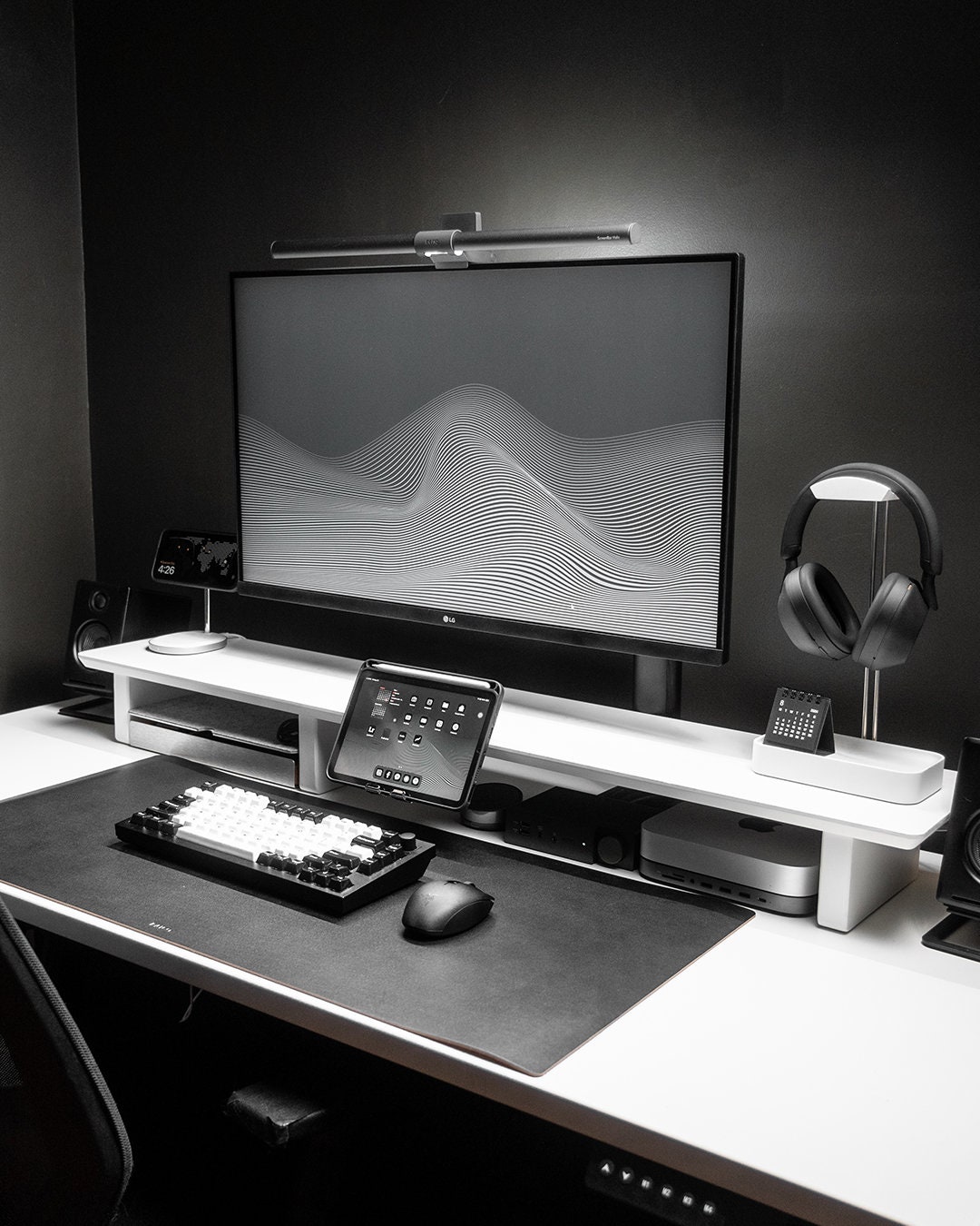Desk Riser Shelf Setup White Desk Shelf System Dual Monitor Riser Stand Premium 15-ply Desk ...