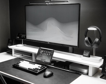 White Desk Shelf System: Walnut Monitor Riser Stand