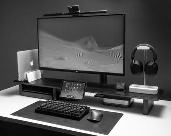 Black Walnut Monitor Stand Desk Shelf: Dual Screen Riser with Storage