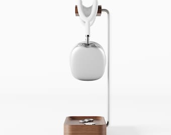 Walnut Headphone Stand with Brass Rods & Valet Tray